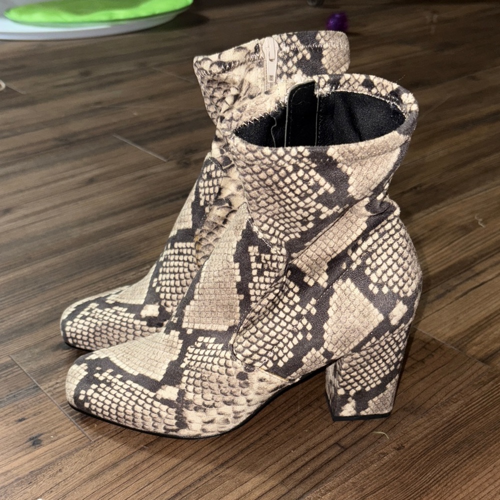 Women's Snake-Print Block Heel Ankle Boots - Beige/Black